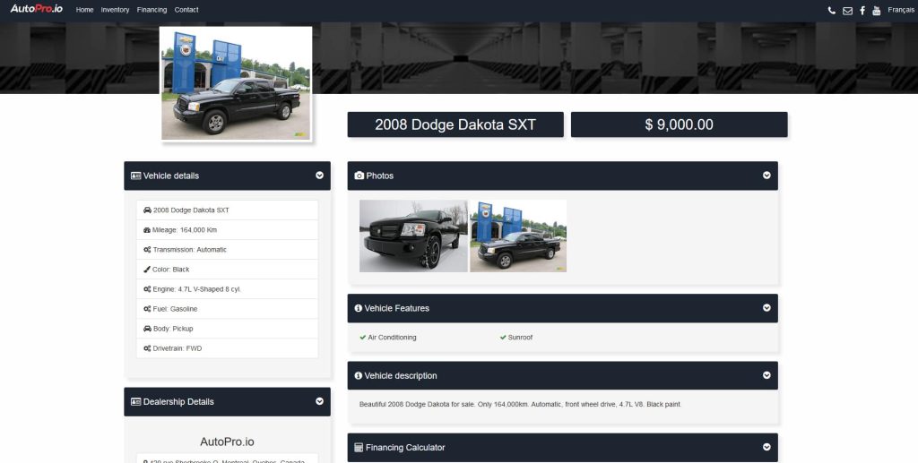 vehicle features autopro dealership website